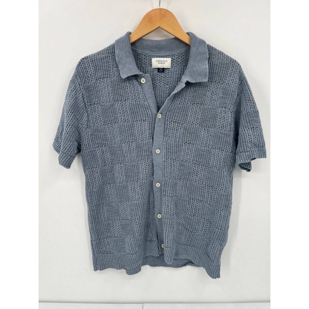 American Eagle Size M Slate Blue 100% Cotton Checkered Crochet Button Front Polo